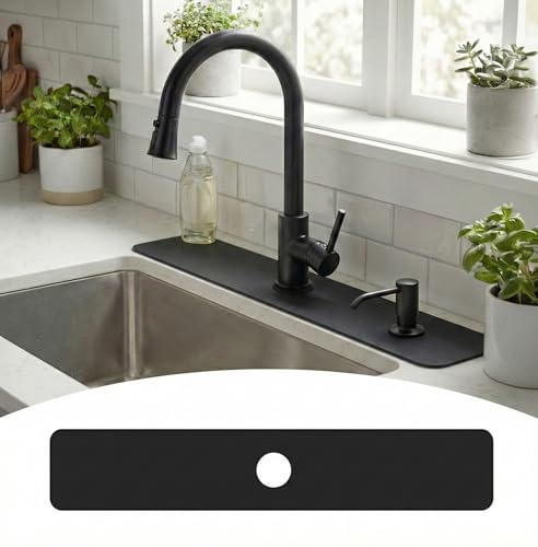 33 Lx5.5 W Long Kitchen Sink Faucet Mat: Customizable Black Splash Guard with Pre-Cut Center Hole for Large Double bowl Sink, DIY to Fits irregular & 2, 3, 4 hole sinks with Soap Dispenser & Air Gap - size: 33''Lx5.5''W