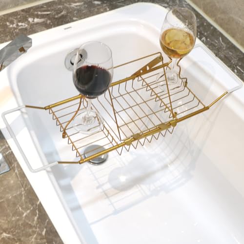 BDL Bathtub Caddy Expandable Bath Tub Tray Table with Wine Holder, Free Soap Dish and Laptop Reading Rack, Bathtub Tray for Home（Bronze） - color: Bronze