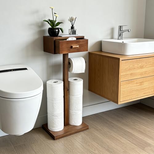Freestanding Bathroom Toilet Paper Holder Stand with Shelf, Bamboo Toilet Paper Roll Holder with Wet Wipes Storage Drawer(Brown) - color: Brown