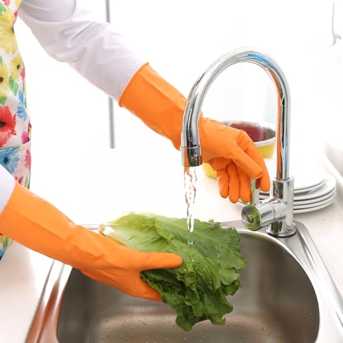 Bamllum Rubber Cleaning Gloves for Kitchen - 4 Pairs Reusable Dishwashing Gloves for Household, Flexible Long-lasting & Waterproof (Large, Blue+Green+Red+Orange) - size: Large
