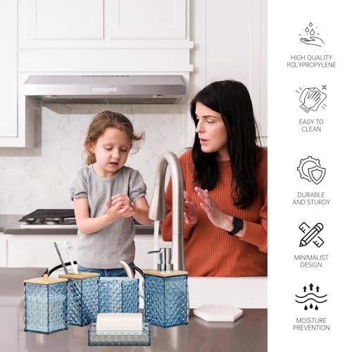 Bathroom Accessory Set, Grid Pattern 5 Pcs Plastic Bathroom Set Include Toilet Bursh, Soap Dispenser, Soap Dish, Toothbrush Holder, Mousewash Cup, Modern Bahtroom Décor Set(Dark Blue) - color: Blue