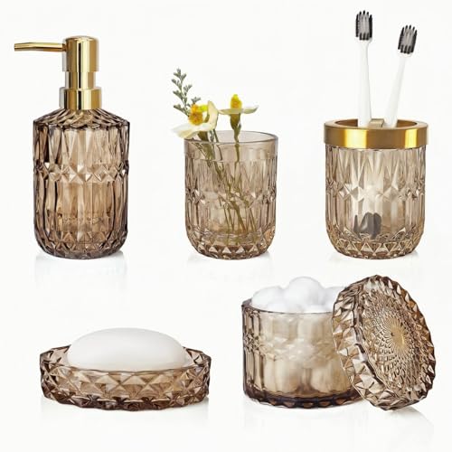 LaMarriti Brown Bathroom Accessories Set, 5Pcs Glass Bathroom Set, Soap Dispenser and Toothbrush Holder Set, Soap Dish, Qtips Holder, Tumbler for Crystal Vintage Bathroom Decor - style: Brown