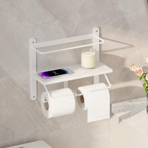 Homeiju Double Toilet Paper Holder with Shelf, Wooden Wall-Mounted Toilet Paper Roll Holder, Wall-Mounted Bathroom Organizer, Double Roll, Suitable for Bathrooms(White) - color: White