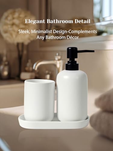 INGOFIN 3 Pcs Ceramic Bathroom Accessory Set - Liquid Soap Dispenser, Toothbrush Holder & Tray, Bathroom Counter Set, Countertop Essentials for Home, Guest Bathroom, or Office Use, White - style: Liquid-White