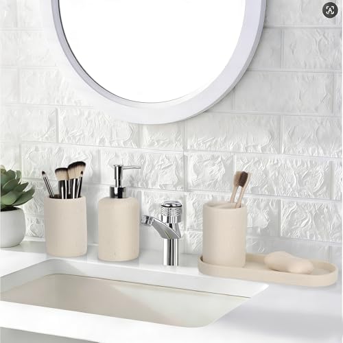Bathroom Accessories Set,4 Piece Travertine Stone Look Bathroom Accessory Set with Soap Dispenser,Toothbrush Holder,Vanity Tray,Tumbler,Bathroom Organizer for Modern Bathrooms（Light Cream） - color: Light Cream