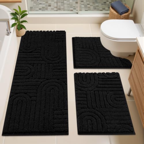 Vaukki Bathroom Rugs Sets 3 Piece, Black Washable Non Slip Soft Bath Mats for Shower and Tub, Plush Absorbent Microfiber Toilet Rug U Shaped, 48x20+26x18+24x20 Inch - color: Black, size: 18''x26''+20''x48''+20''x24''