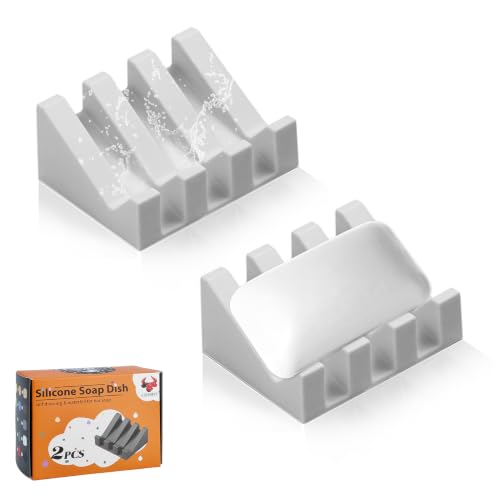 Self Draining Soap Dish Holder,Silicone Soap Dish,for Bathroom,Kitchen, Sponges，Can Extend Soap Life，Keep Soap Bars Dry and Easy Cleaning (Light Grey,2-Pack) - color: Light Grey,2-pack