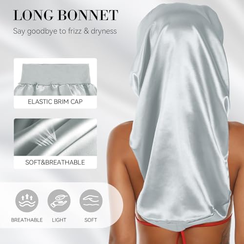 Long Bonnet-Crochet Hair Net Set Braid Bonnets for Black Women Mesh Hair Net Anti Frizz Satin Large Bonnet for Curly, Braids Hair 2 Piece Set Reusable Elastic (black net, silver bonnet) - color: Black Net, Silver Bonnet