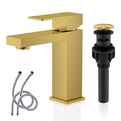 KENES Brushed Gold Bathroom Faucets, Modern Single Hole Lavatory Vanity Faucet, Single Handle Bathroom Sink Faucet Gold, with Pop Up Drain & Water Supply Hoses LJ-9031-4 - color: Gold, size: Short