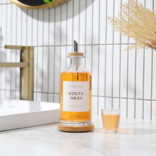 11.8OZ Glass Mouthwash Dispenser for Bathroom with Stainless Steel & Bamboo Nozzle, Mouthwash Cup Reusable, Bamboo Tray, and Elegant Gold Sticker.（Clear - color: Clear/350*1