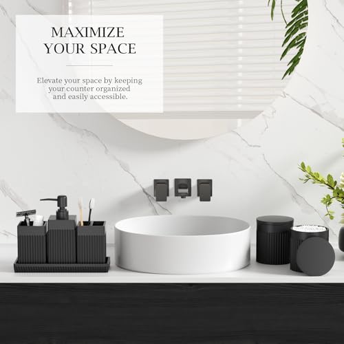 6-Piece Black Bathroom Set - Sleek Resin Organizer with Soap Dispenser, Toothbrush Holder, Vanity Tray, Tumbler & Apothecary Jars for Small Spaces - color: Black