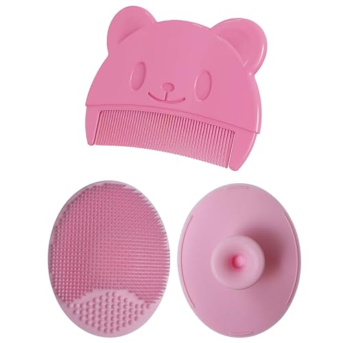 Baby Bath Brush, Baby Cradle Cap Brush, Silicone Massage Brush, Baby Comb, Children's Comb（3pcs） (Pink) - color: Pink
