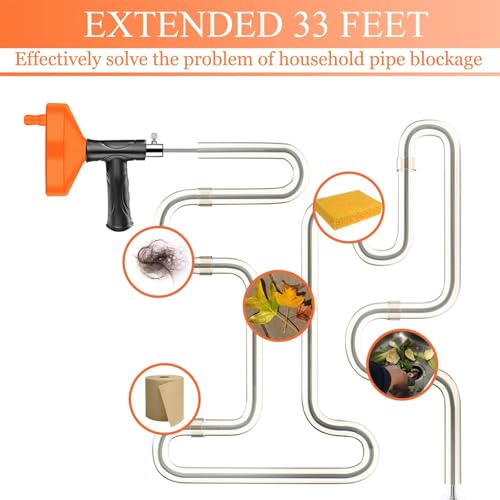 33 Feet Drain Snake Auger, Plumbing Snake Drain Hair Clog Removal Tool, Sink Unclogger Drain, Heavy Duty Drum Auger, Cleaner Tool for Bathroom Kitchen Tub Shower Drain Clog Remover with Gloves，Orange