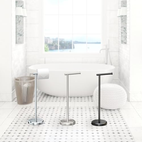 Gatco 1437C Latitude II Freestanding Toilet Paper Holder, Chrome Bathroom Tissue Roll Stand with Modern Floor Standing Design - color: Chrome