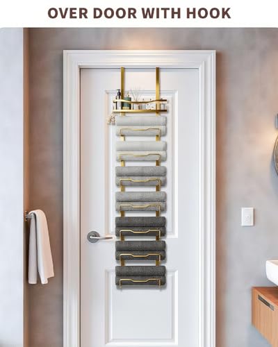 Hanging Towel Racks for Bathroom No Drill - Over The Door 8-Tier Bath Towel Storage Organizer for Small Bathrooms - Back Door Large Tiered Towel Holder Hanger for Rolled Towels RV Camper Gold - color: Gold, size: 8 Tier