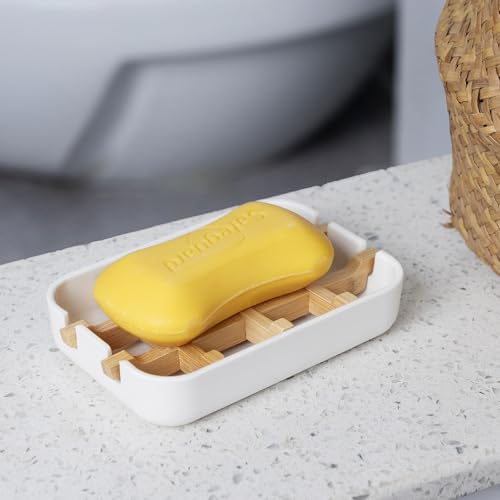 Bamboo Fiber Soap Holder & Dish Combination, White | Bathroom Bar Soap Holder, Sink Deck, Bathtub, Shower Tray - color: White