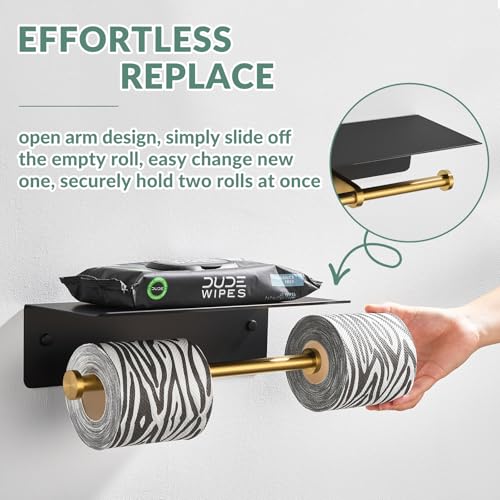APLusee Double Toilet Paper Holder with Phone Shelf Black & Gold, 304 Stainless Steel Tissue Paper Roll Storage Dispenser, Wall Mounted - color: Black Gold, size: Double Rod