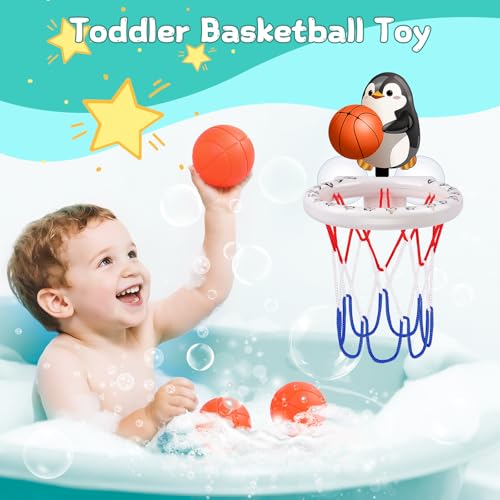 Bath Toys, Bathtub Basketball Hoop for Toddler Kids, 3 Soft No Hole Balls & Bath Basketball Hoop with Strong Suction Cup, Black & White Penguin Baby Shower Bath Toys Set for Boys and Girls - style: White & Black Penguin