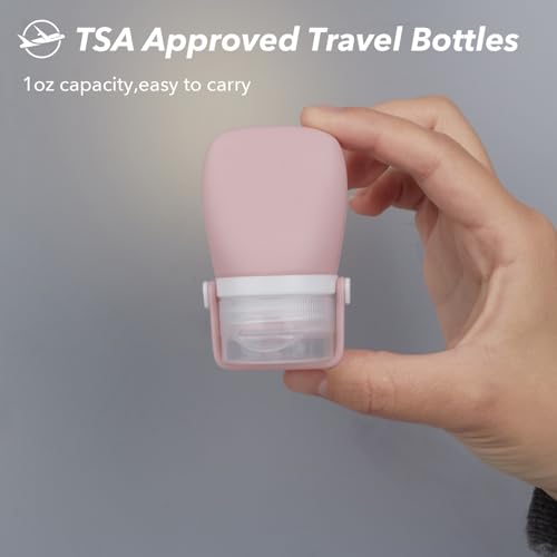1oz Silicone Travel Bottles for Toiletries (4-Pack), TSA Approved Leakproof Toiletry Bottles with Locking Lid, Refillable Travel Size Containers for Shampoo, Body Wash, Camping & Trips (WH,GN,PNK) - color: WH,GN,PNK