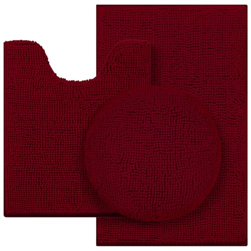 HOMEIDEAS 3 Pieces Burgundy Bathroom Rugs Set, Ultra Soft Non Slip Bath Rug and Absorbent Chenille Bath Mat, Includes U-Shaped Contour Rug, Bath Mat and Toilet Lid Cover, Perfect for Bathroom, Tub - color: Burgundy, size: 20"x32"+U 20"x24"+Cover 18"x21"