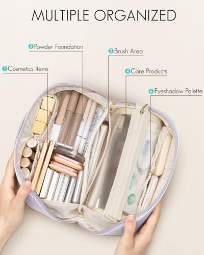 VLANDO Makeup Bag,Travel Toiletry Bag,Cosmetic Bag for Women PU Leather Portable Make up Bag for Skincare, Brushes & Travel Essentials-Purple - color: 08-Purple