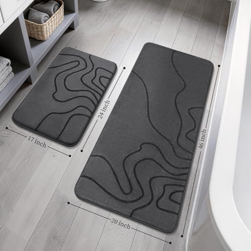 YIHOUSE Memory Foam Bathroom Rugs Sets 2 Piece - Extra Thick Ultra Soft Absorbent Bath Mat Set, Non-Slip Machine Washable Bath Rugs for Bathroom, Tub & Shower, Home Decor (17"x24"+20"x46", Dark Grey) - color: Dark Grey, size: 1'5" x 3'10" (17"x24"+20"x46"