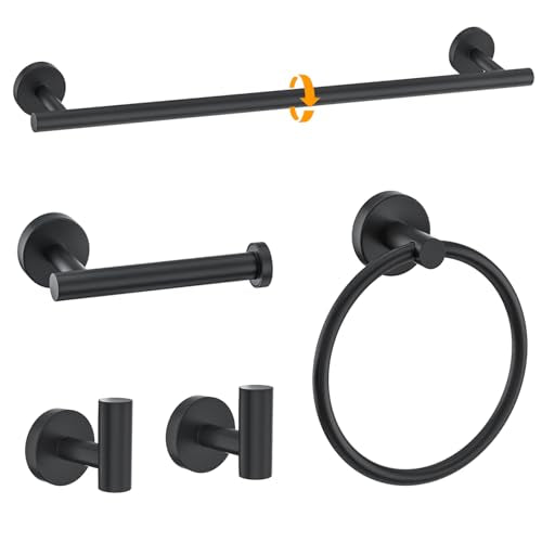 Matte Black Towel Bar Set 5-Piece Bathroom Hardware Accessories Set Includes 23.6in Towel Bar-Round Towel Ring-Toilet Paper Holder-Towel Hooks Stainless Steel Wall Mount Bathroom Towel Holder Set - color: 5pcs Matte Black