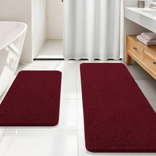 OLANLY Bathroom Rugs Sets 2 Piece, Soft Absorbent Chenille Bath Mats Area Rug Set, Non-Slip, Quick Dry, Machine Washable Bath Mats for Bathroom, Home Decor Accessories (59"x20"+30"x20", Burgundy) - color: Burgundy, size: 59" X 20" + 30" X 20"