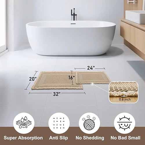 JIUZHEN Set of 2 Waffle Bath Mats Super Absorbent Bath Mat Non Slip Bathroom Rugs for Bathroom Floor Dry Fast Washable Boho Rugs for Beside Tub, 16" x 24" +20" x 32", Loop-Brown - color: Loop-brown, size: 16"x24" + 20"x32"