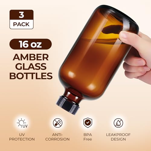3 Pack,16 OZ Amber Glass Bottles Boston Round Sample Refillable Bottles with Black Caps, Perfect Glass Containers for kombucha, Secondary Fermentation,Storing condiment,Homemade Essential Oils - color: Amber