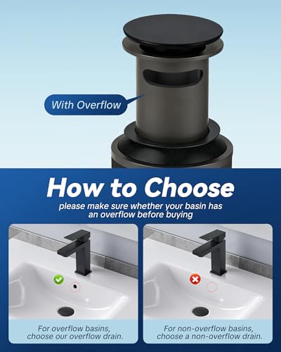 ARCORA Bathroom Sink Drain with Overflow - Matte Black Pop Up Drain for Bathroom Sink, Lavatory Vessel Vanity Sink Stopper for 1.6"-1.9" Sink Hole - color: Black-1 Pack, style: Pon Up With Overflow