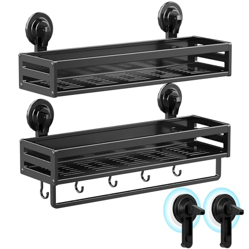 Suction Cup Shower Caddy, 15.7 inch Extended Version, 5 Hooks & Towel Rrack, No Drilling Required, Rust-resistant Bathroom Shower Organizer,with 2 Extra Suction Cups for Replacement Use(2Pack-Black) - size: 15.7 inches(2-Pack Black )