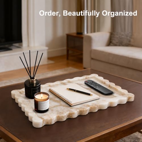 13.6" x 9.6" Large Genuine Calacatta Gold Scalloped Marble Tray, Pre-Sealed for Stain & Water Resistance, Luxury Decorative Trays for Vanity, Bathroom, Dresser, Coffee Table, Home Decor - color: Calacatta Glod