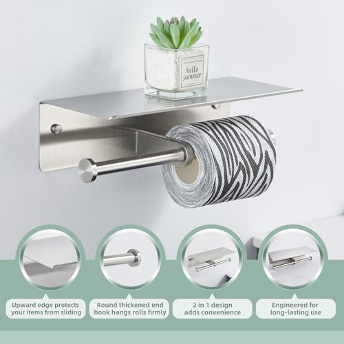 Double Toilet Paper Holder with Shelf Brushed Nickel, APLusee SUS 304 Stainless Steel Contemporary Tissue Roll Holder Mobile Phone Storage Rack - color: Brushed Nickel, size: Double Rod