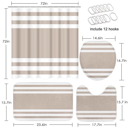 Striped Beige Shower Curtain Set with Toilet Lid Cover and Non-Slip Rugs for Bathroom, Minimalist Modern 4 Pcs Shower Curtain, Neutral Bathroom Set with 12 Hooks - color: Stripes Beige 2