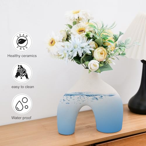 CEMABT Beige Ceramic Vase Set of 2 for Modern Minimalist Bohemian Decor，Round Matte Donut Vases for Pampas Grass-Perfect for Living Room, Dining Table, Office Bedroom Shelf Decor Entryway, Console… - color: Beige