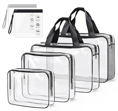 ABSOFINE Clear Toiletry Bag for Travel Size Toiletries, 4 Pack Large Waterproof PVC Makeup Bags with 2 Pack Airport Security Liquids Bags, Travel Essentials toiletry Bottles for Women Girls Men