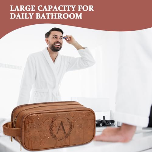 Travel Toiletry Bag For Mens PU Leather Engraved Initials (Yellow Brown D) | Personalized Gifts For Father Husband Groomsmen Birthday Waterproof Dopp Kit Bag Beach Travel Essentials Bathroom Organizer - color: Yellow Brown, style: D