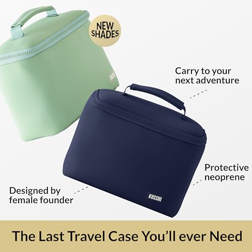 KUSSHI Neoprene Train Case Makeup Bag - Washable Makeup Travel Bag & Vanity Case for Stress Free Travel (Small, Navy/Khaki) - color: Navy/Khaki, size: Small