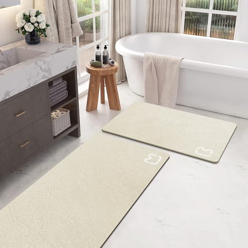 2 Piece Bathroom Mat Rugs Set - Quick Dry Absorbent Diatomaceous Earth Bath Mat Non-Slip Bathroom Floor Mat with Rubber Backing, Thin Bathroom Rugs Fit Under Door, 15.7x23.6+15.7x47.2 Inch, Beige - color: Beige, size: 1'4" x 3'11" (Runner)