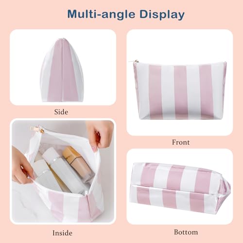 RSRSLEII Large Waterproof Travel Stripe Makeup Bag,Aesthetic PVC Toiletry Bag,Coquette Cosmetic Bag Organizer,Cute Preppy Carry-on Travel Accessories Essentials for Women Girls(Striated pink) - color: Striated pink