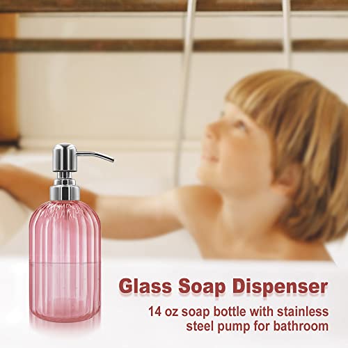 14 Oz Glass Soap Dispenser with 304 Rust Proof Stainless Steel Pump, Refillable Hand Liquid Soap Dispenser for Bathroom, Kitchen, Countertop, Laundry Room (Pink) - color: Pink