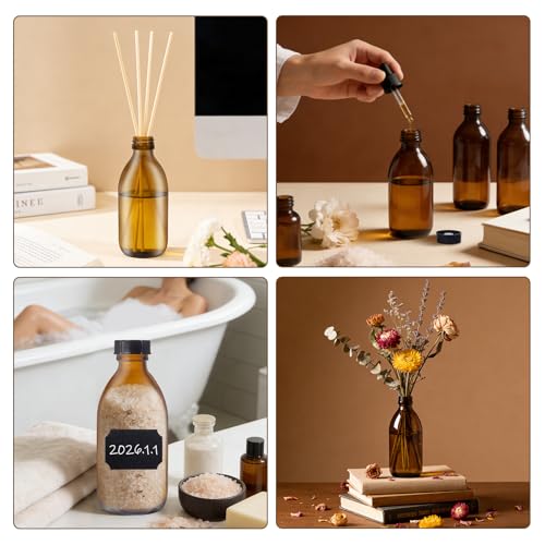 8 OZ / 250 ML Amber Glass Bottles for Vanilla Extract, 12 Pack | Leakproof, Empty Refillable Dispensing Bottles with Lids, for 2nd Fermentation, Kombucha Brewing, Homemade Solutions