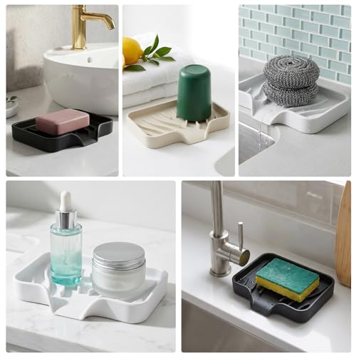 3 Pack Silicone Soap Holder, Self Draining Bar Soap Dish,Non-Slip Soft Soap Tray for Kitchen Sink Organizer, Shower & Bathroom Accessories, Keep Soap Dry, Fast Air Dry (Black, White, Beige)