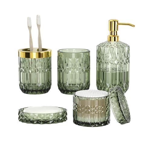 Green Bathroom Accessories Set, 5Pcs Clear Glass Green Accessories with Lotion Soap Dispenser, Soap Dish, Toothbrush Holder, Tumbler, Cotton Swab Jar, Modern Bathroom Decor Crystal Vintage Gift - style: Shallowgreen