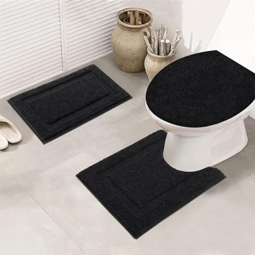SHACOS Bathroom Rugs Sets 3 Piece with Toilet Lid Cover | 16"x24"Bath Mat and 20"x24" U-Shape Contoured Toilet Mat Machine Washable Shaggy Absorbent Bath Rugs (Black) - color: Black, size: 16"x24"+U-Shape 20"x24"+Lid Cover 19"x21"