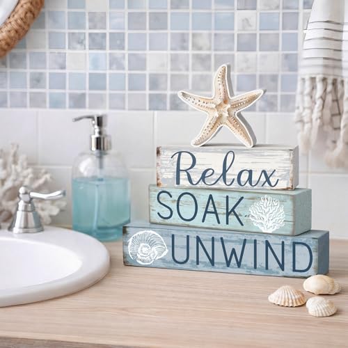 Cinnvoice 4 Pcs Coastal Beach Bathroom Decor Farmhouse Bathroom Decoration Relax Soak Unwind Table Centerpiece Gift for Christmas Valentines Back to School - style: Coastal Relax Soak Unwind