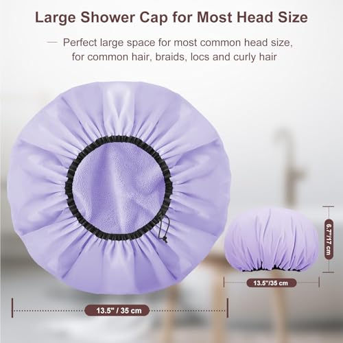 Sheomern 2 Pcs 13.5" Dual Waterproof Design Adjustable Terry Shower Cap for Women and Men, EVA Double Layer Bath Cap Reusable for Braids, Long Hair, Dreadlocks - color: Purple+Green, size: Large