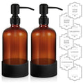 16 oz Hand and Dish Soap Dispenser Set for Kitchen and Bathroom, 500ml Amber Glass Soap Dispenser with Stainless Steel Pump, Non-Slip Silicone Sleeves, Labels - 2 Pack - color: Amber