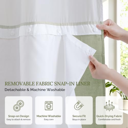 River Dream Sage Green Farmhouse Shower Curtain with Snap-in Liner, No Hooks Needed,with Magnets,with Tassels,Water Repellent&Machine Washable,36x74Inch - color: Sage Green-window, size: 36"W x 74"L (Pack of 1)